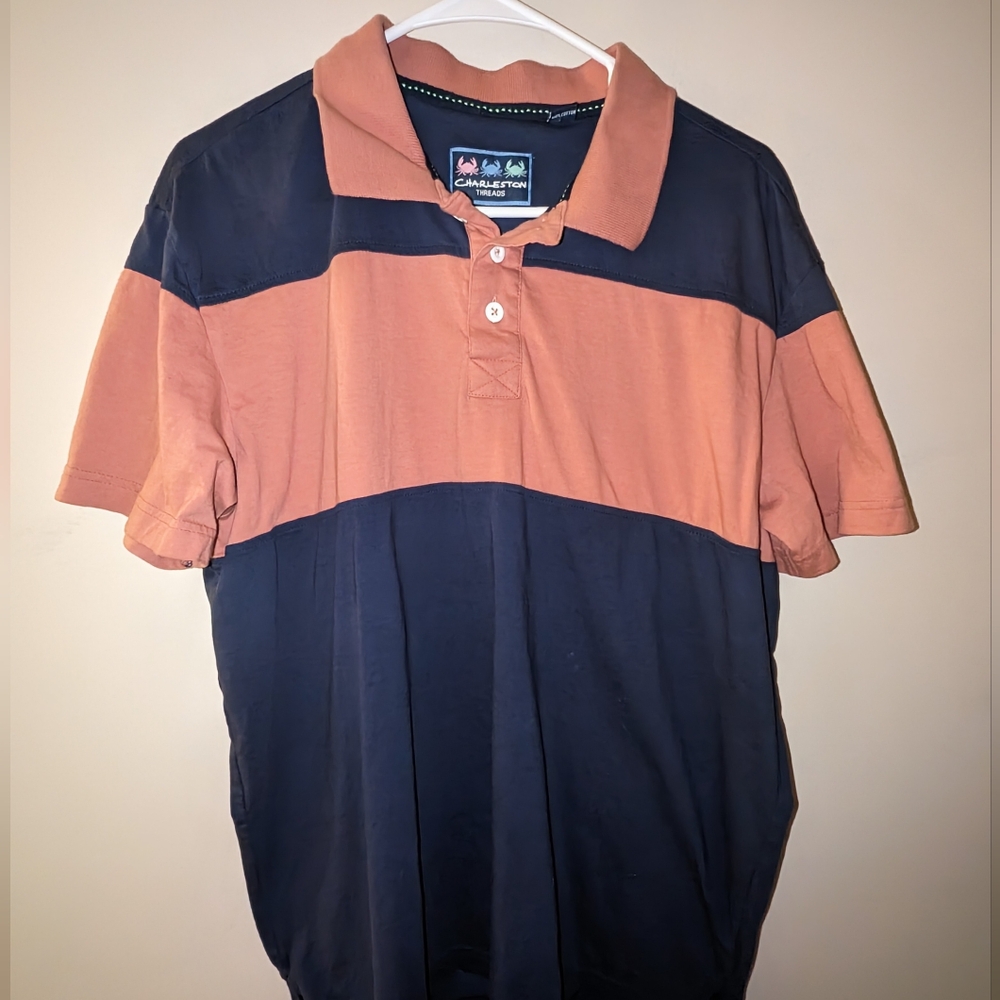Charleston Threads Mens Polo Shirt in Salmon and Navy Color Block Size Large